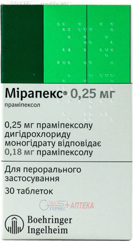 МИРАПЕКС табл. 0,25 мг N 30 (прамипексол)