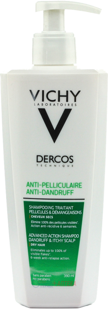 VICHY Деркос, шампунь посиленної дії проти лупи для сухого волосся та подразненої  шкіри голови, 390 мл